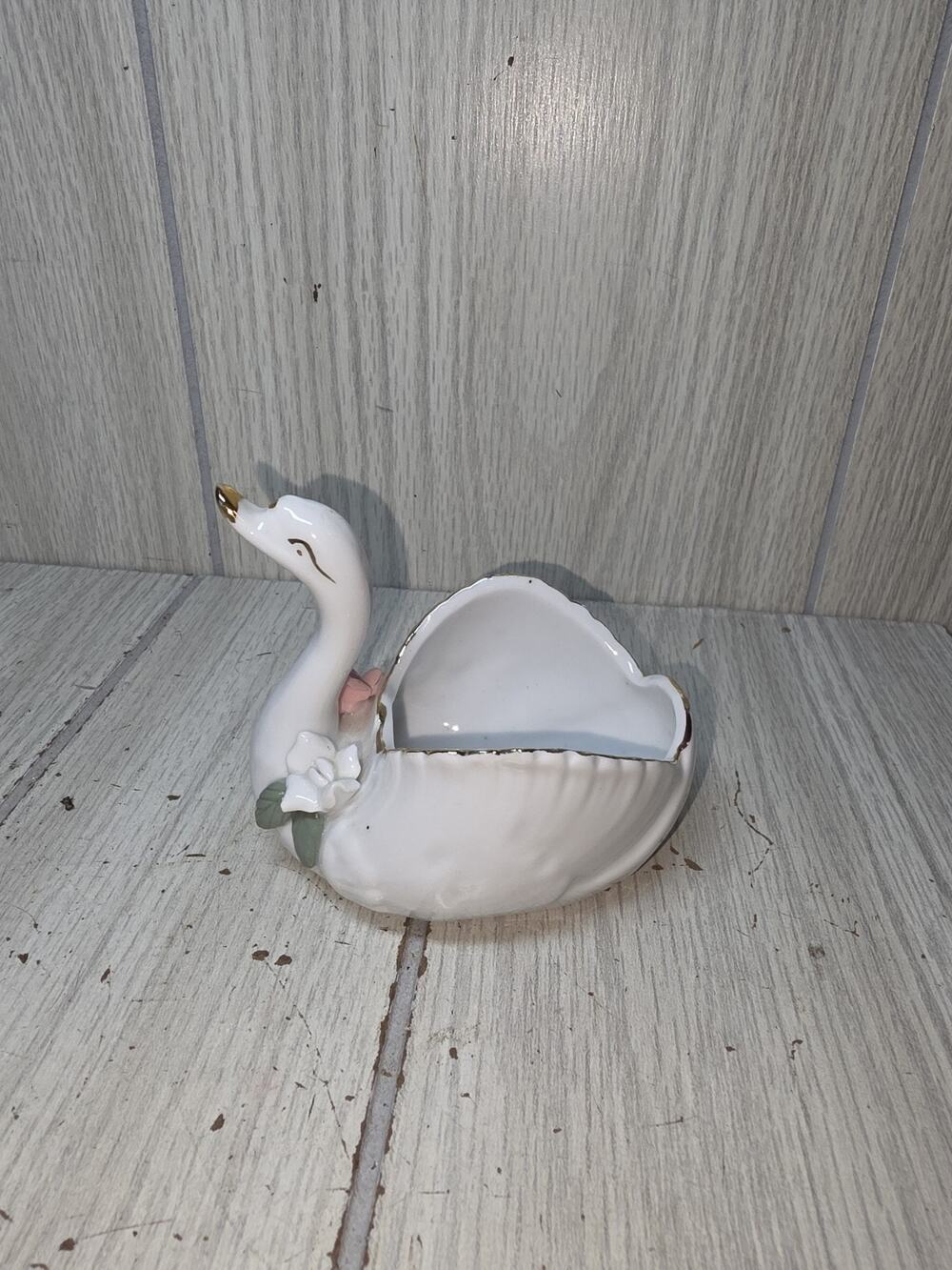 Vintage Enesco Swan Trinket Ceremic Dish Vanity Decor Cottagecore Coquette